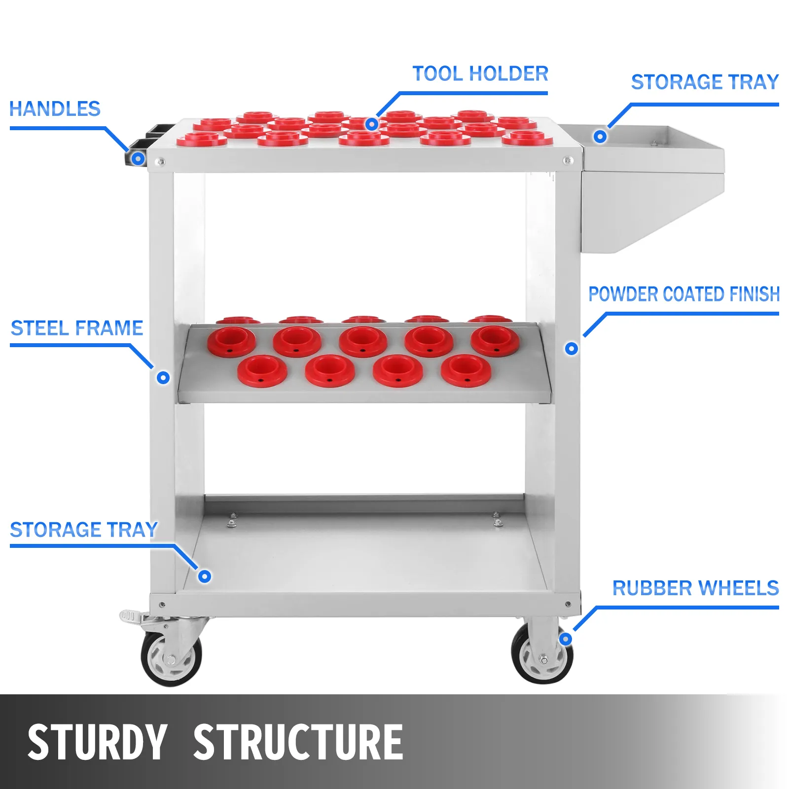 Carro de herramientas VEVOR con portaherramientas, bandeja de almacenamiento y ruedas de goma.