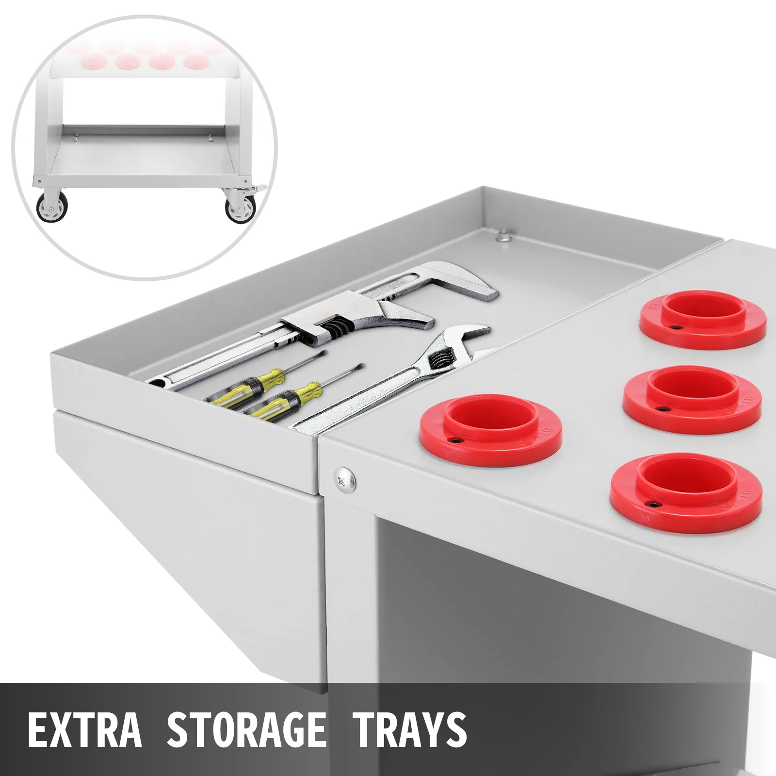 Carro de herramientas VEVOR con bandejas de almacenamiento adicionales y llaves, destornilladores perfectamente organizados.