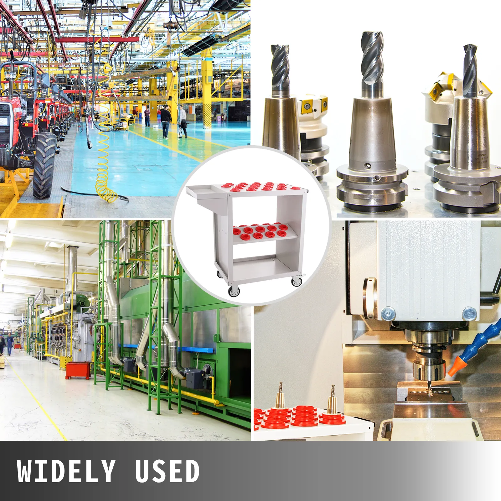 Carro de herramientas VEVOR en entornos industriales con máquinas, taladros y almacenamiento de herramientas organizado.