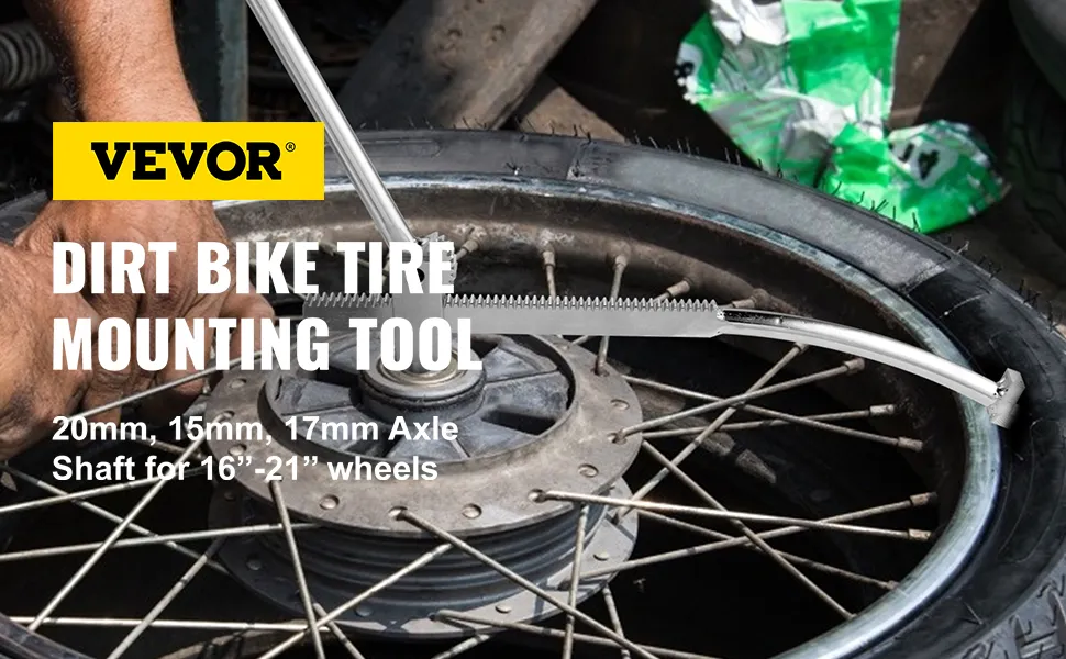 VEVOR dirt bike tire mounting tool in use on a motorcycle wheel with text overlay.