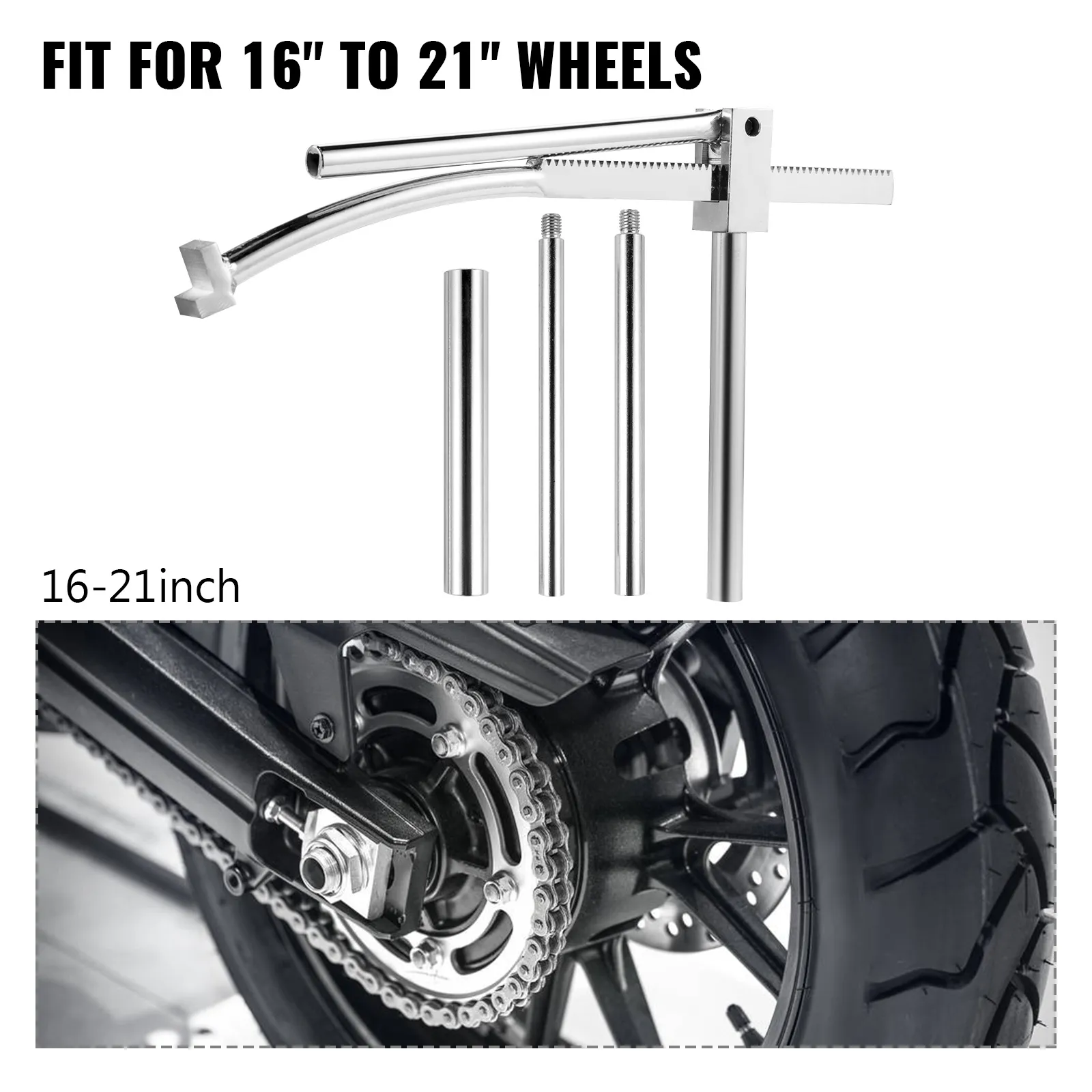 VEVOR dirt bike tire mounting tool for 16"-21" wheels, with tire and chain details.