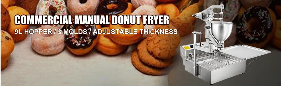 Freidora de donuts VEVOR con tolva de 9l, 3 moldes, grosor regulable y donuts en fondo.