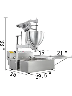 Freidora de donas VEVOR con dimensiones: 39,5" x 26" x 33" y tamaño de sartén de 21" x 19".