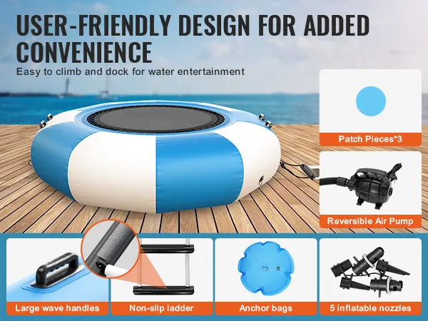 VEVOR water trampoline on dock, featuring reversible air pump, wave handles, ladder, patch pieces, anchor bags, and inflatable nozzles.