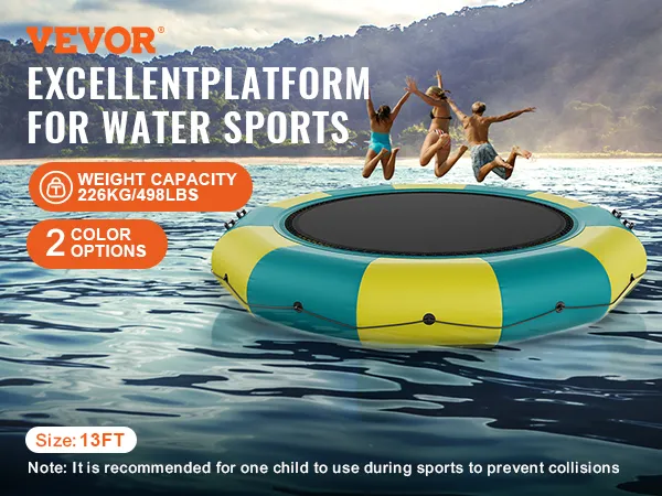 Opblaasbare VEVOR-waterspringer met een formaat van 13 voet en een draagvermogen van 226 kg op een meer met springende kinderen.