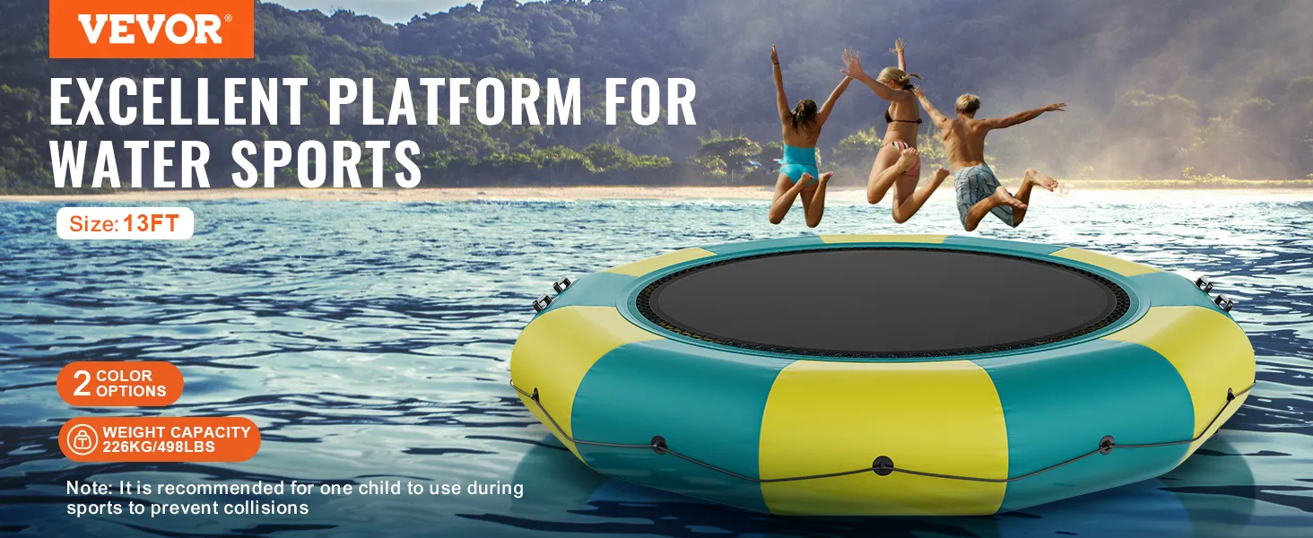 Opblaasbare VEVOR-waterspringer met een formaat van 13 voet en een draagvermogen van 226 kg op een meer met springende kinderen.
