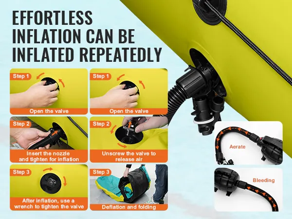 Moeiteloze opblaasstappen voor de VEVOR opblaasbare waterstuiter, met onder andere het openen van de klep, het plaatsen van het mondstuk en het leeg laten lopen.