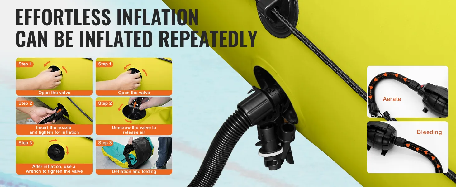 Moeiteloze opblaasstappen voor de VEVOR opblaasbare waterstuiter, met onder andere het openen van de klep, het plaatsen van het mondstuk en het leeg laten lopen.