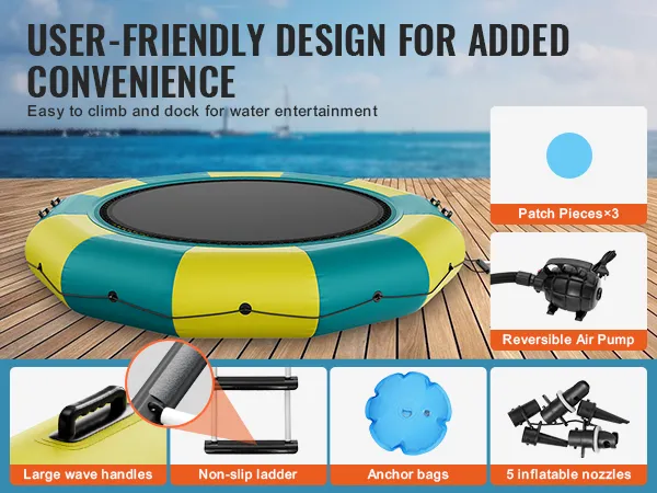 VEVOR opblaasbare waterstuiter met luchtpomp, golfgrepen, antislipladder, reparatiestukken en ankerzakken.