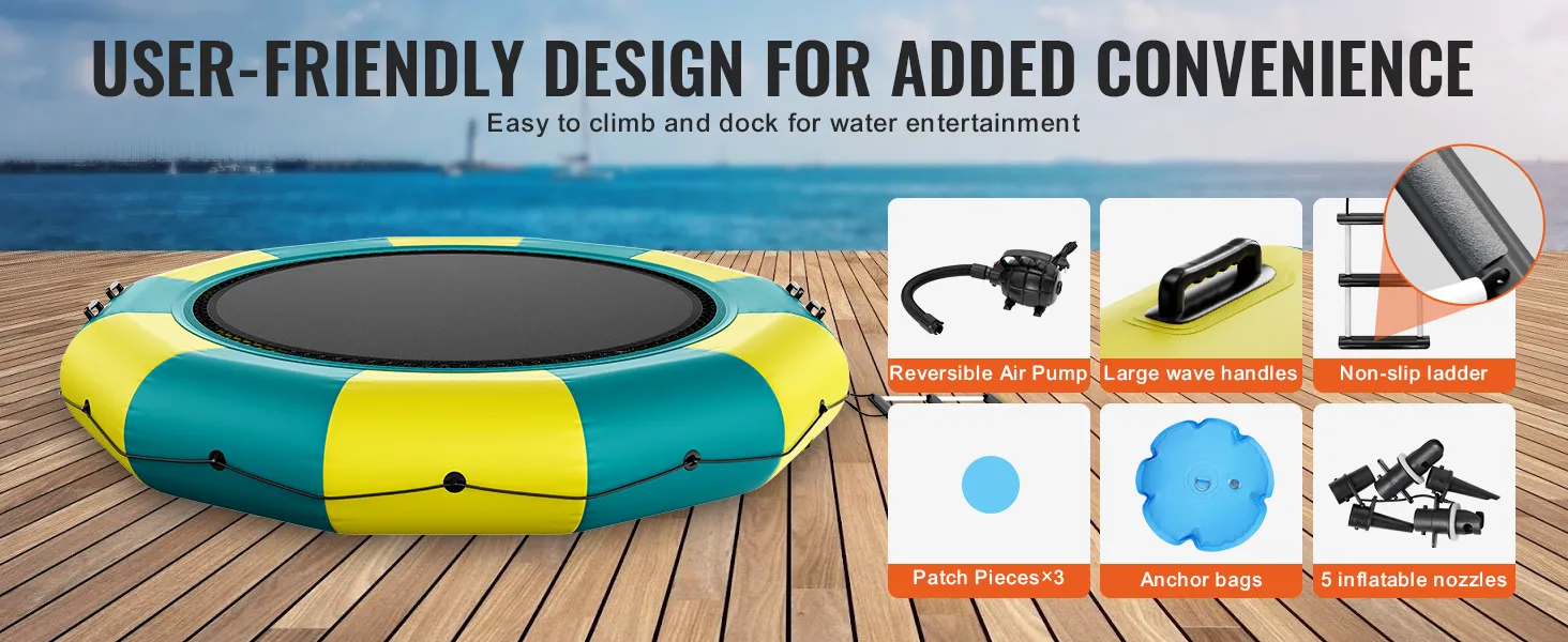 VEVOR opblaasbare waterstuiter met luchtpomp, golfgrepen, antislipladder, reparatiestukken en ankerzakken.