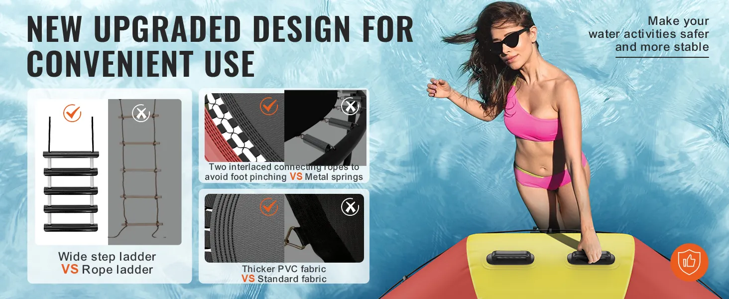 Neues, verbessertes Design für aufblasbare Wasserhüpfburg von VEVOR: breite Trittleiter, verschlungene Seile, dickes PVC-Gewebe.
