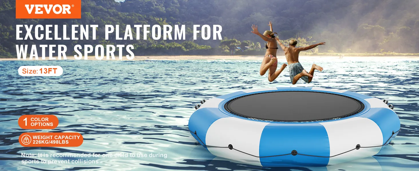 Trampolín acuático inflable VEVOR, tamaño 13 pies, perfecto para actividades de deportes acuáticos con un pintoresco telón de fondo de playa.