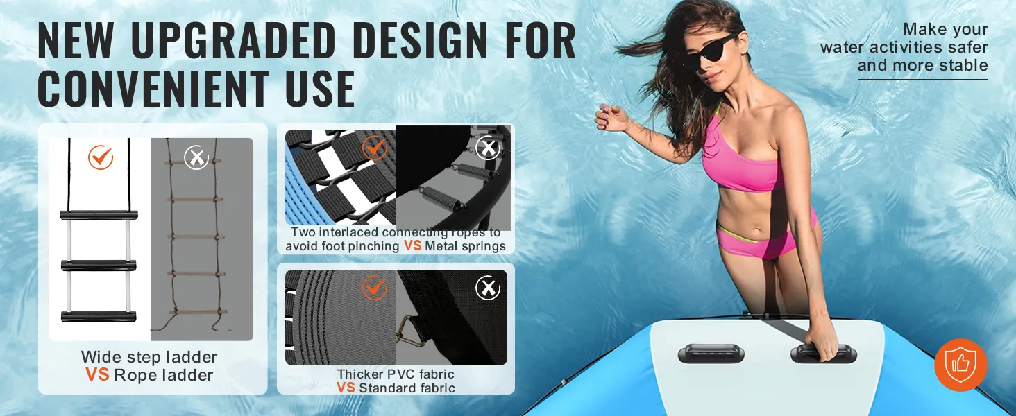 Nuevo diseño de trampolín acuático inflable VEVOR con escalera ancha, cuerdas entrelazadas y tela de PVC más gruesa.