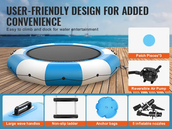 Trampolín acuático inflable VEVOR azul y blanco con asas, escalera antideslizante y bomba de aire en muelle de madera.