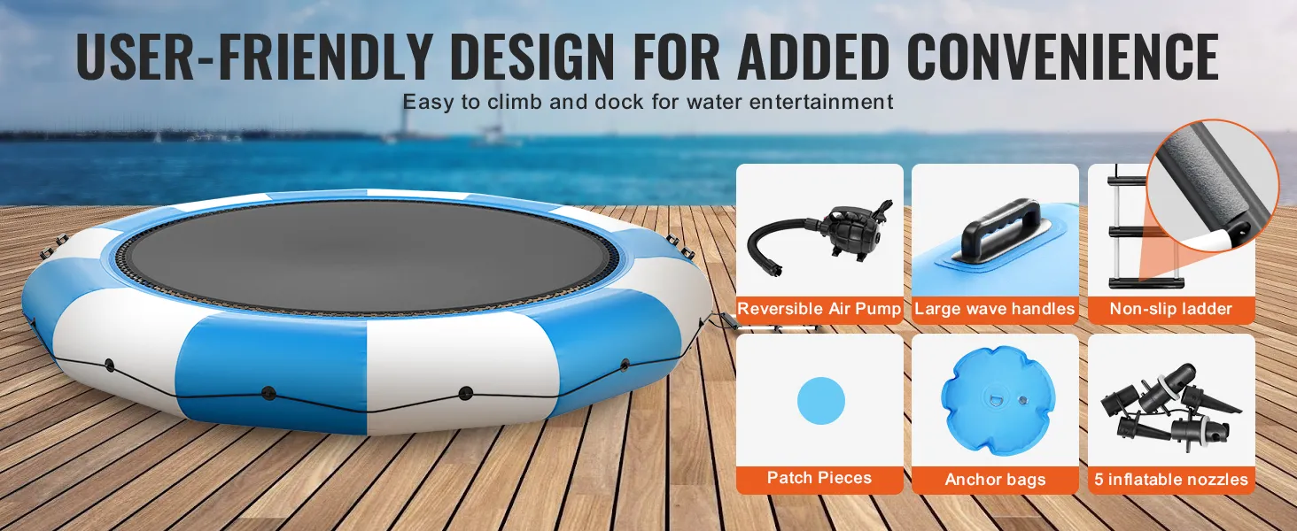 VEVOR inflatable water trampoline on a dock with air pump, handles, ladder, patch kit, anchor bags, and nozzles.