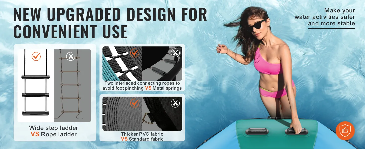 new VEVOR inflatable water trampoline features wide step ladder, interlaced ropes, and thicker pvc fabric.