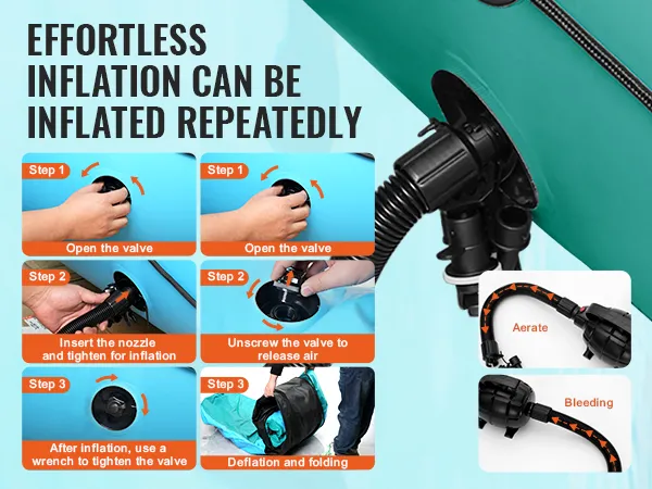 effortless inflation steps for VEVOR inflatable water trampoline; instructions include opening the valve, inserting nozzle, and deflation.