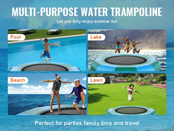 multi-purpose water trampoline for pool, lake, beach, and lawn activities. perfect for parties.