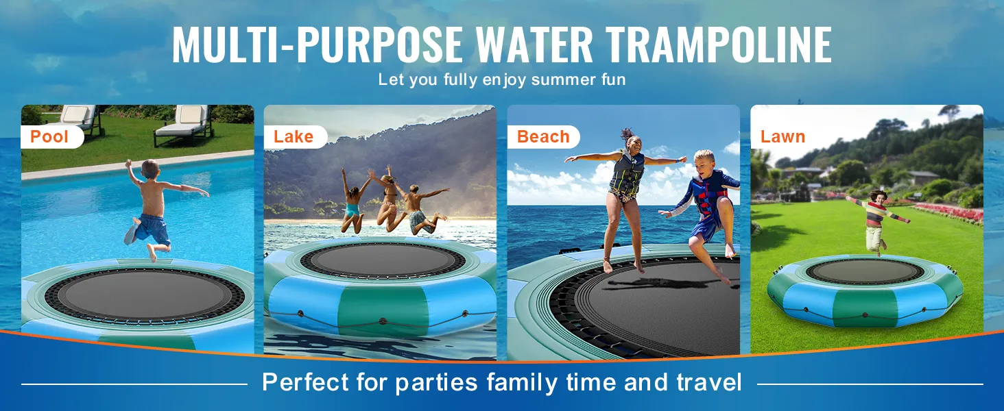 multi-purpose water trampoline for pool, lake, beach, and lawn activities. perfect for parties.