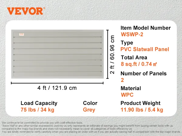 Especificaciones de los paneles slatwall VEVOR: 8 pies cuadrados, capacidad de 75 libras, color gris, material de PVC, 2 paneles, 11,90 libras.