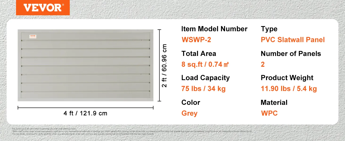 Especificaciones de los paneles slatwall VEVOR: 8 pies cuadrados, capacidad de 75 libras, color gris, material de PVC, 2 paneles, 11,90 libras.