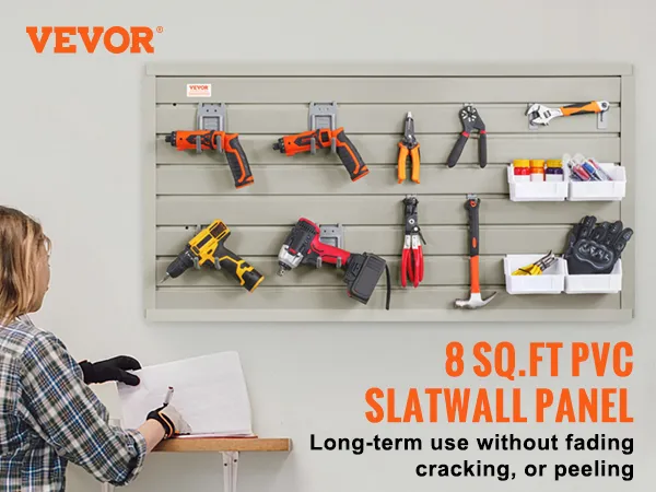Paneles slatwall VEVOR que muestran varias herramientas; sus características incluyen alta resistencia, impermeabilidad y protección contra los rayos UV.