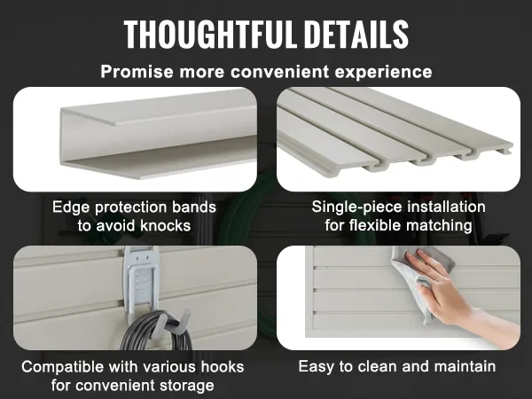 Paneles slatwall VEVOR con ganchos, pala, manguera e imágenes de limpieza que muestran características y accesorios.