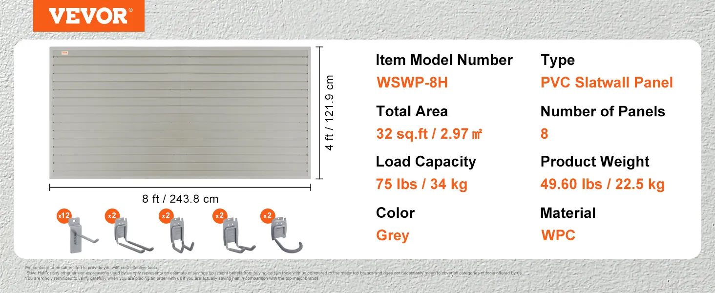 Pannelli per pareti divisorie VEVOR, modello wswp-8h, 32 piedi quadrati in PVC grigio con accessori, capacità di 75 libbre.