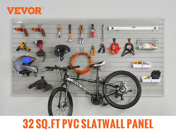 Pannelli a doghe VEVOR in uso, contenenti una bicicletta, attrezzi, un casco e accessori; altamente resistenti e modulari.