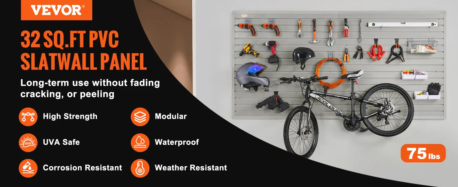 Pannelli a doghe VEVOR in uso, contenenti una bicicletta, attrezzi, un casco e accessori; altamente resistenti e modulari.