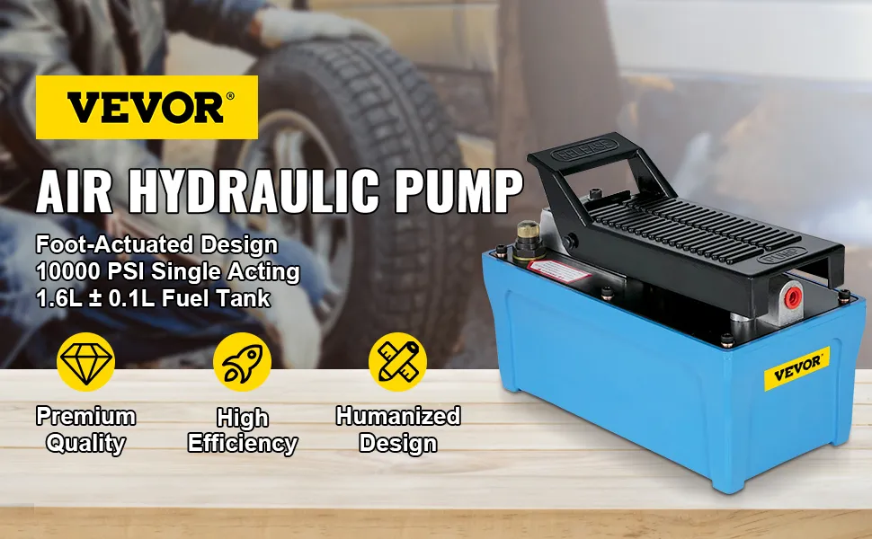 VEVOR air hydraulic pump with foot-actuated design, 10000 psi, and 1.6l fuel tank.