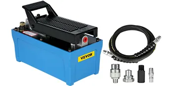 VEVOR air hydraulic pump with blue base, hose, and various connectors.