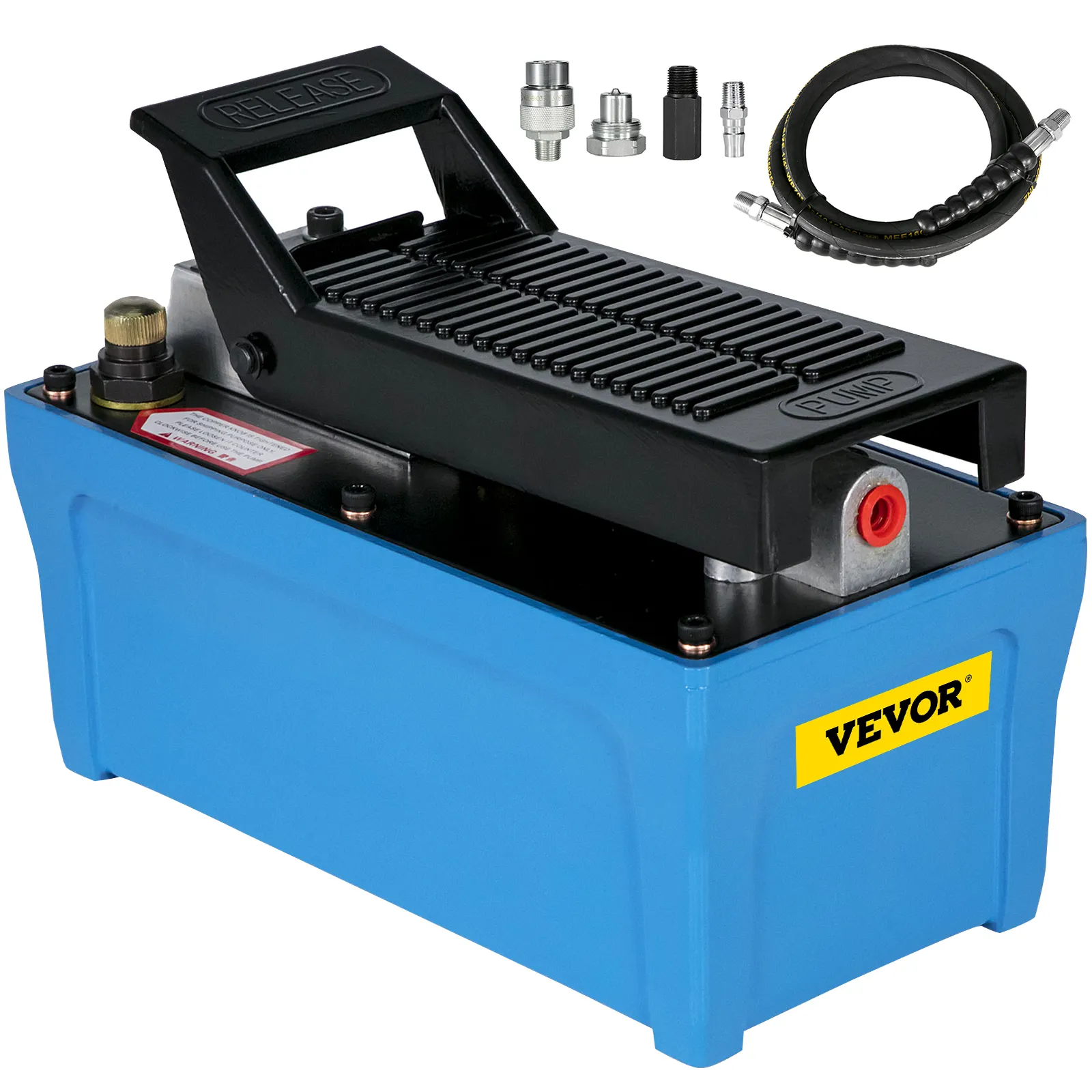 blue VEVOR air hydraulic pump with accessories and hose.