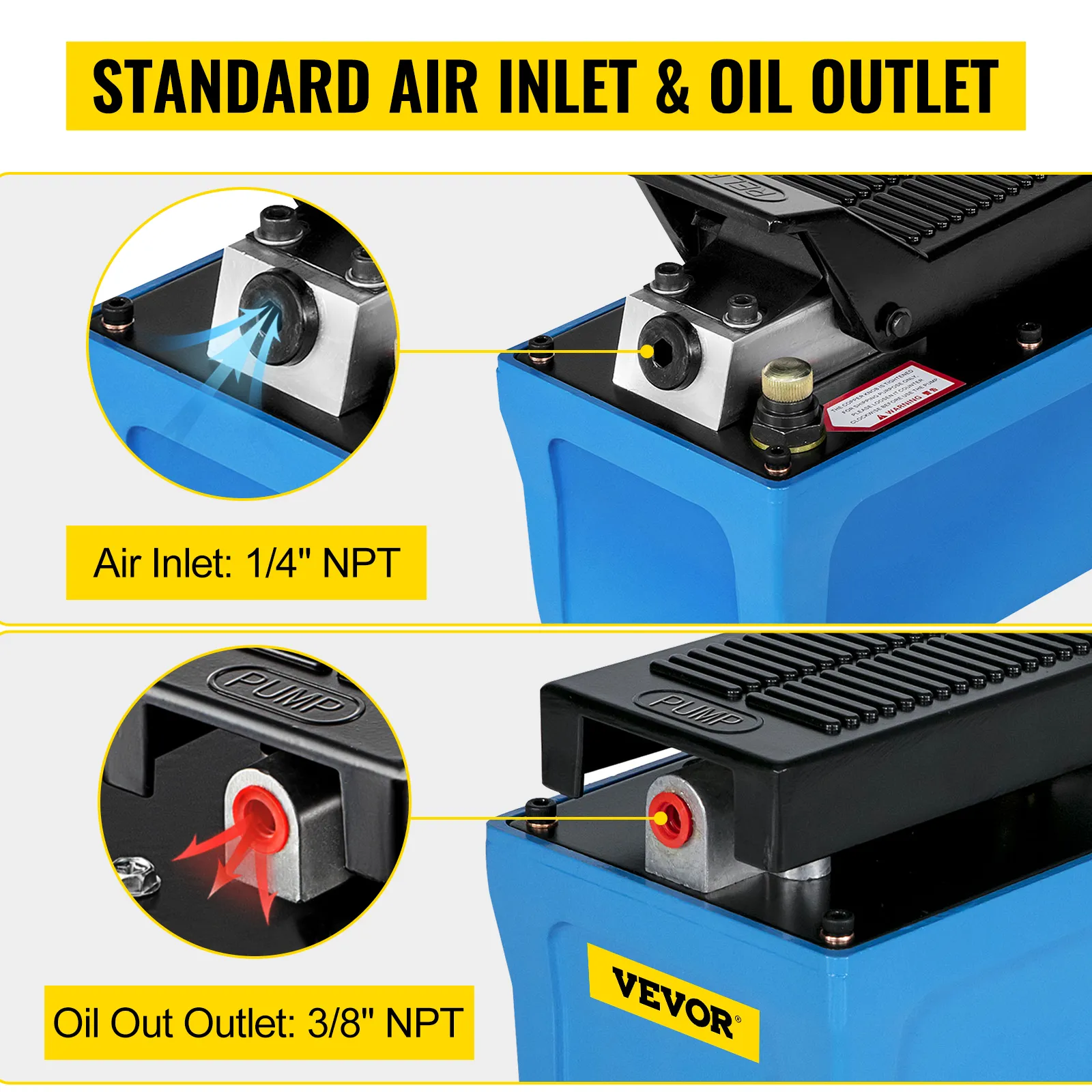 VEVOR air hydraulic pump with 1/4" npt air inlet and 3/8" npt oil outlet.