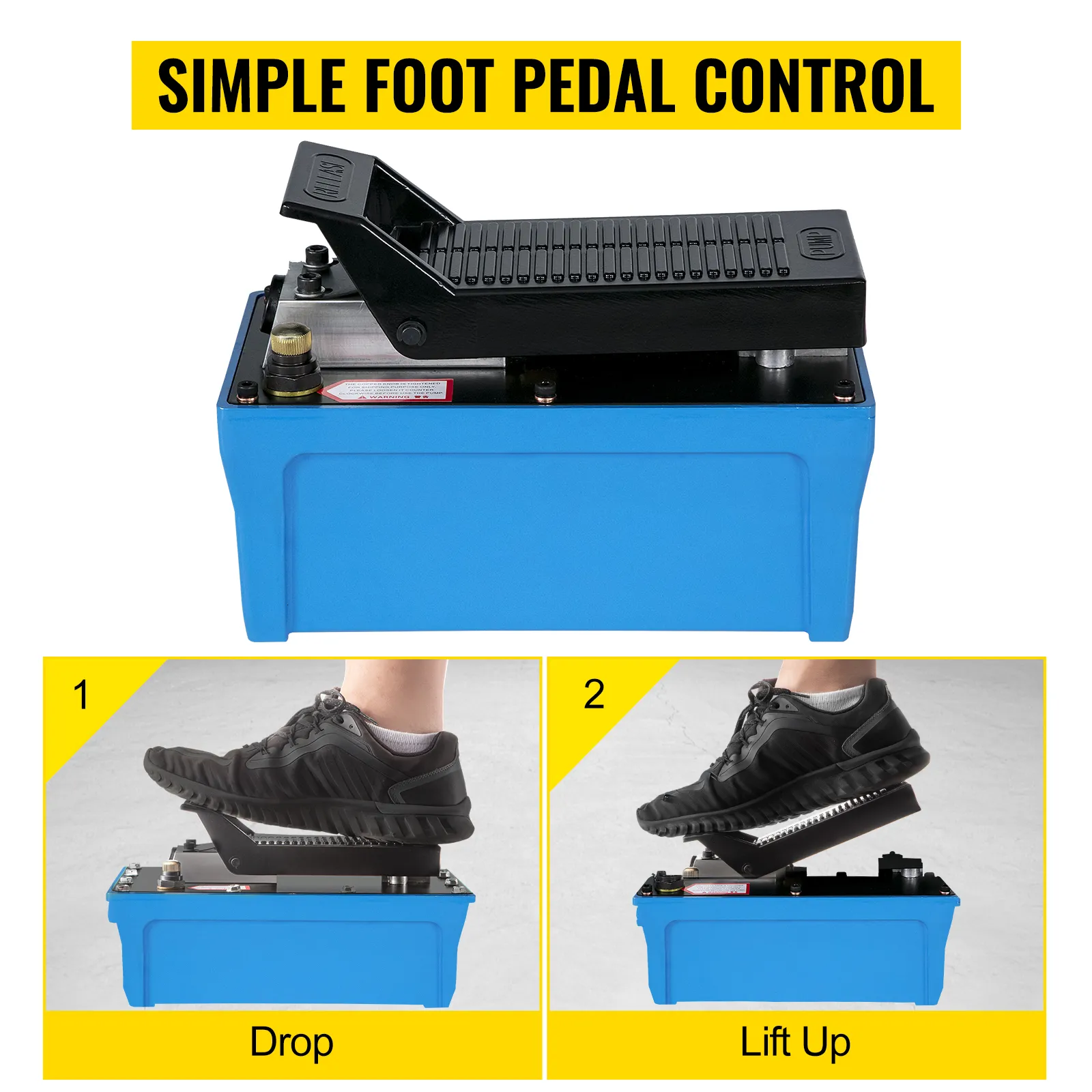VEVOR air hydraulic pump with simple foot pedal control. drop and lift demonstration.