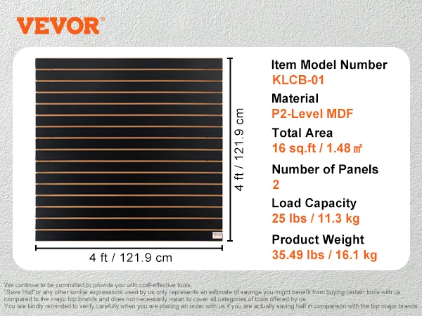 VEVOR slatwall panels, klcb-01, black, 4 ft x 4 ft, p2-level mdf, 16 sq.ft total area, 25 lbs load capacity.
