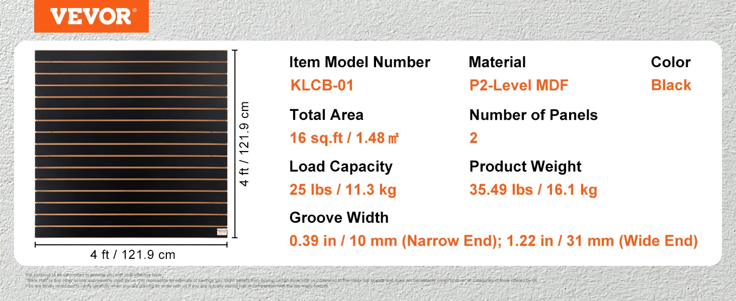 VEVOR slatwall panels, klcb-01, black, 4 ft x 4 ft, p2-level mdf, 16 sq.ft total area, 25 lbs load capacity.