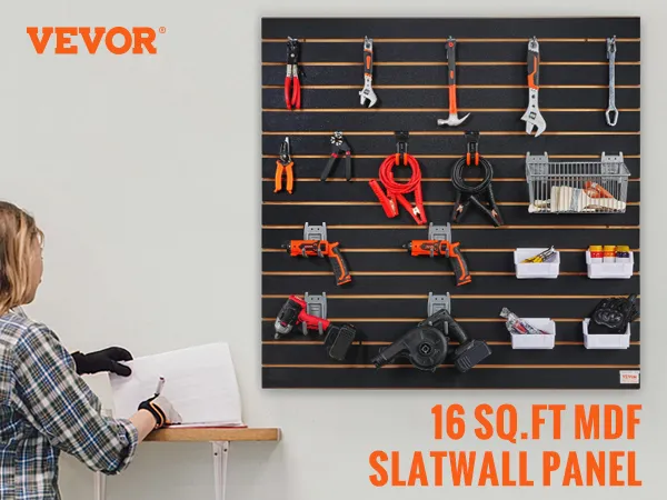 VEVOR slatwall panels 16 sq.ft mdf, organized tools, and accessories, ideal for home or workplace storage.