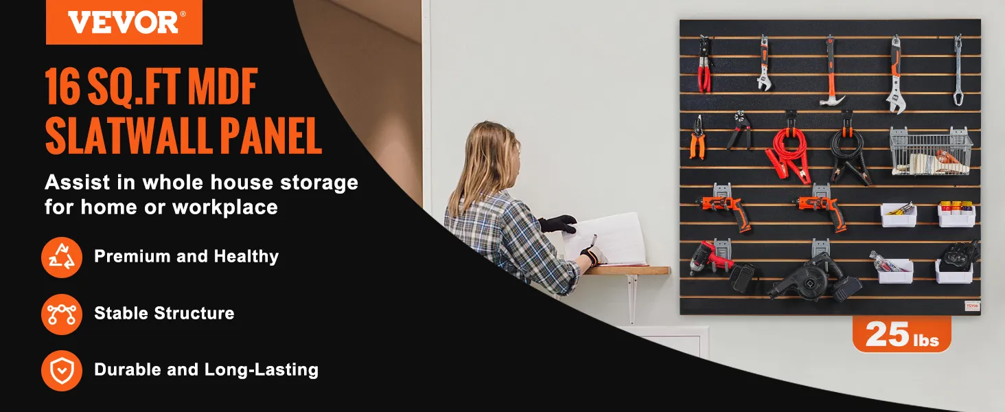 VEVOR slatwall panels 16 sq.ft mdf, organized tools, and accessories, ideal for home or workplace storage.