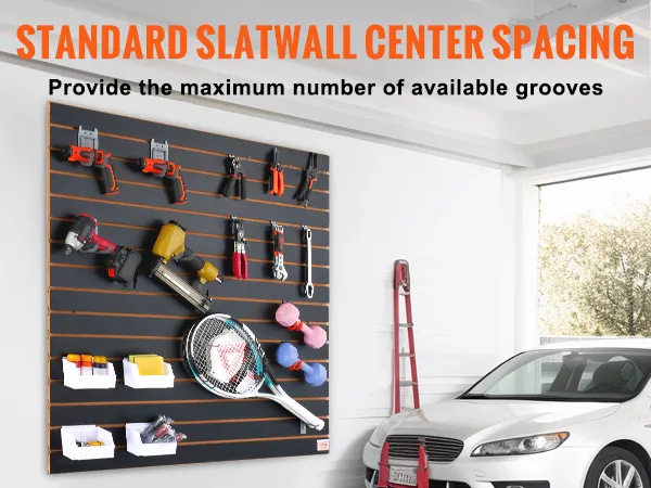 garage setup with VEVOR slatwall panels holding tools and sports equipment beside a parked car.