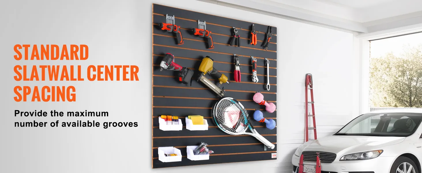 garage setup with VEVOR slatwall panels holding tools and sports equipment beside a parked car.