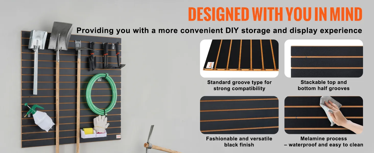 VEVOR slatwall panels showcasing a diy storage solution with black finish and various hanging tools.