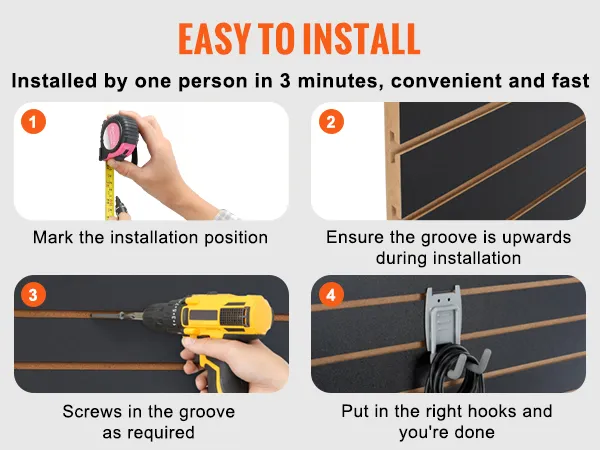 easy installation steps for VEVOR slatwall panels: mark, align groove, screw in, and add hooks.