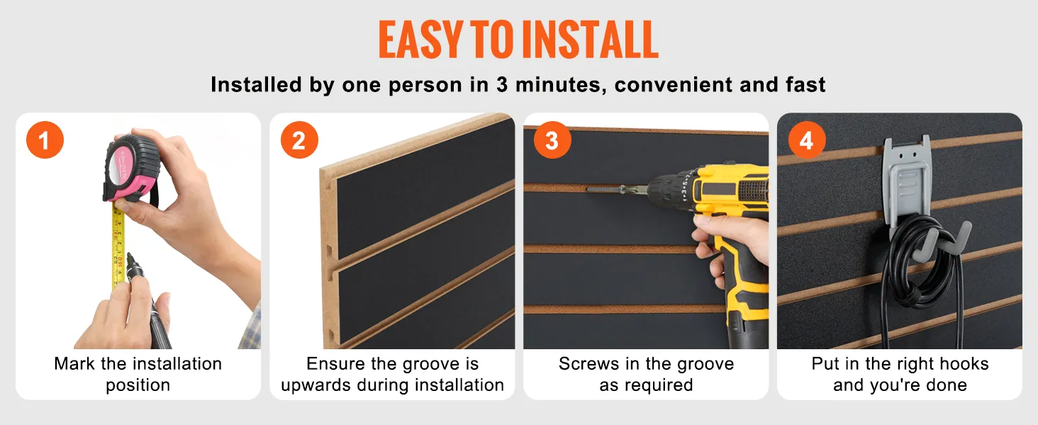 easy installation steps for VEVOR slatwall panels: mark, align groove, screw in, and add hooks.