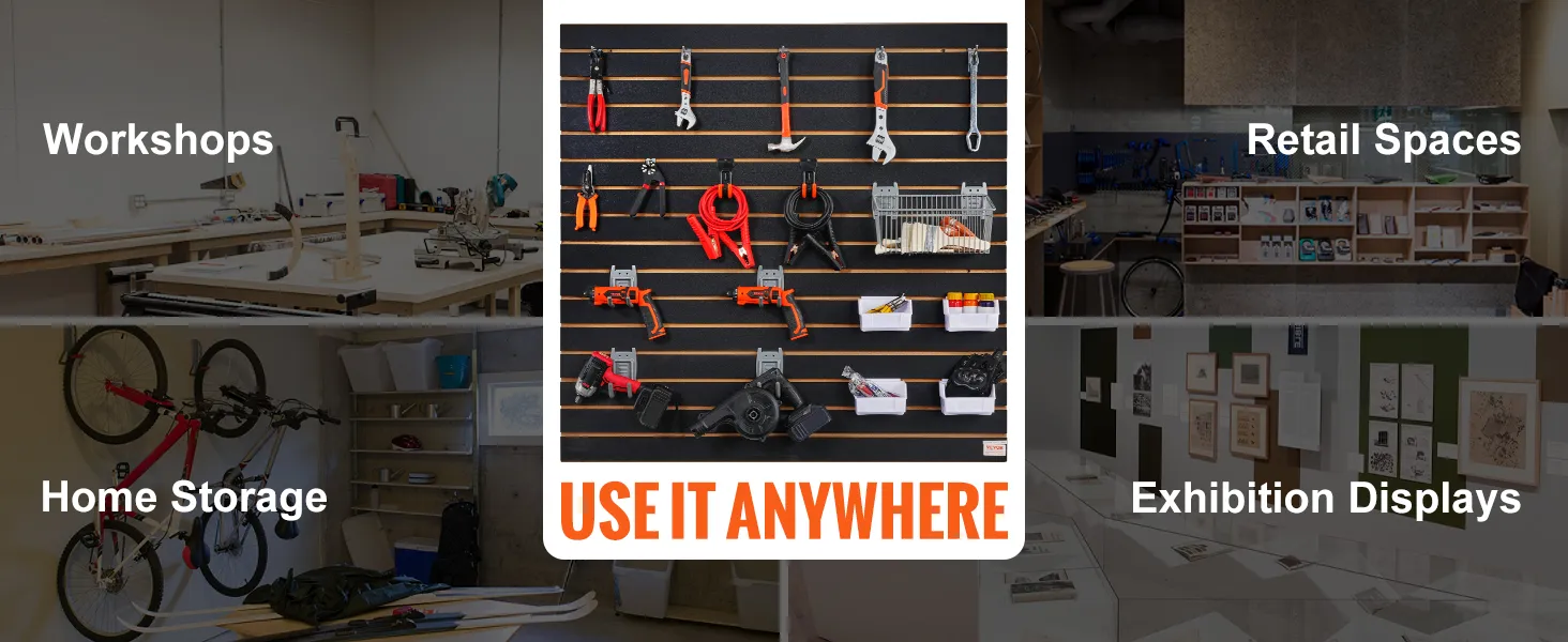 versatile VEVOR slatwall panels for workshops, home storage, retail spaces, and exhibition displays.