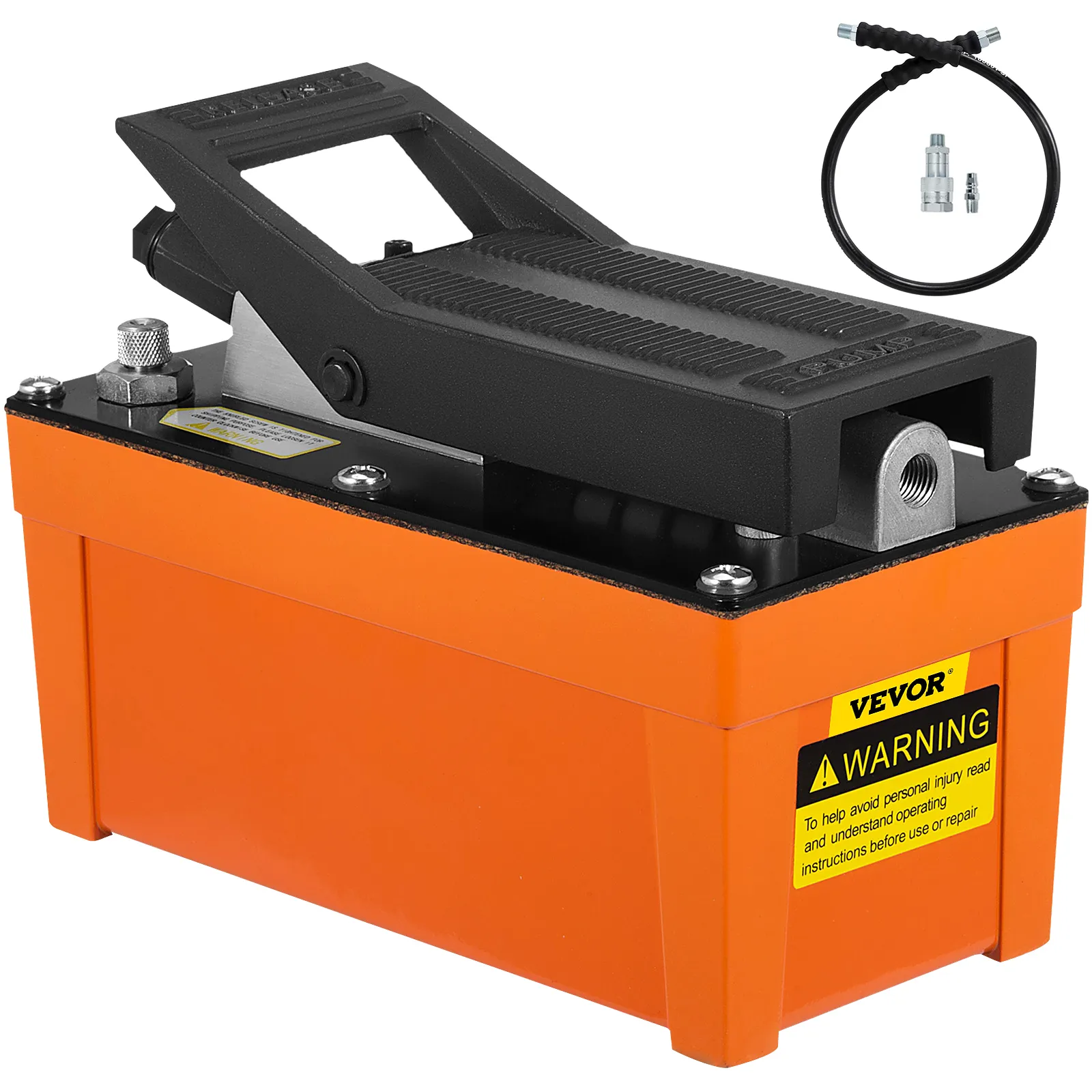 Bomba hidráulica de aire VEVOR naranja con pedal y manguera y accesorios incluidos.