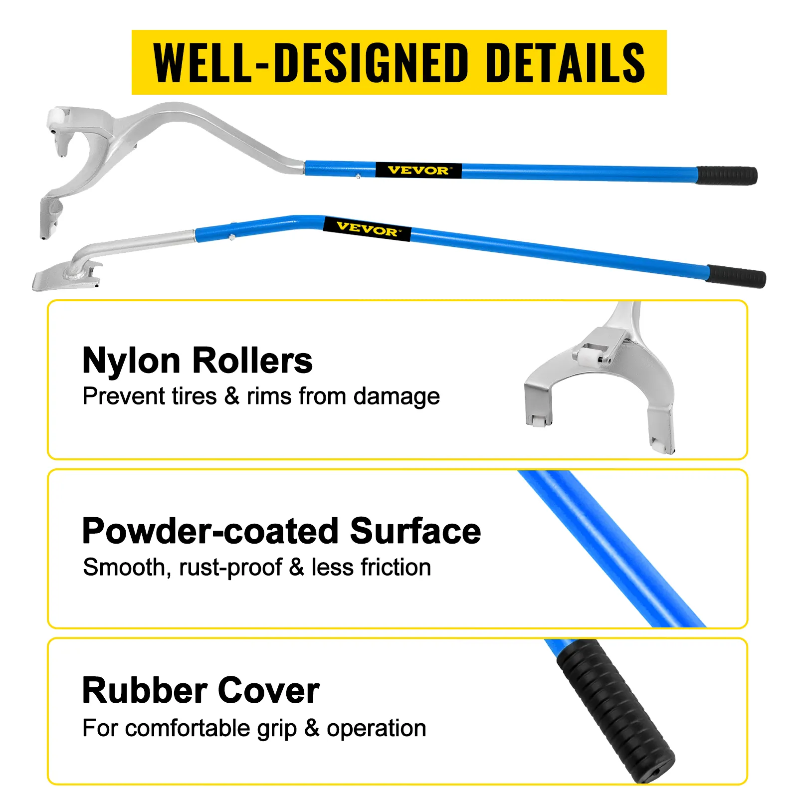 VEVOR tire mount demount tool features nylon rollers, powder-coated surface, and rubber cover.