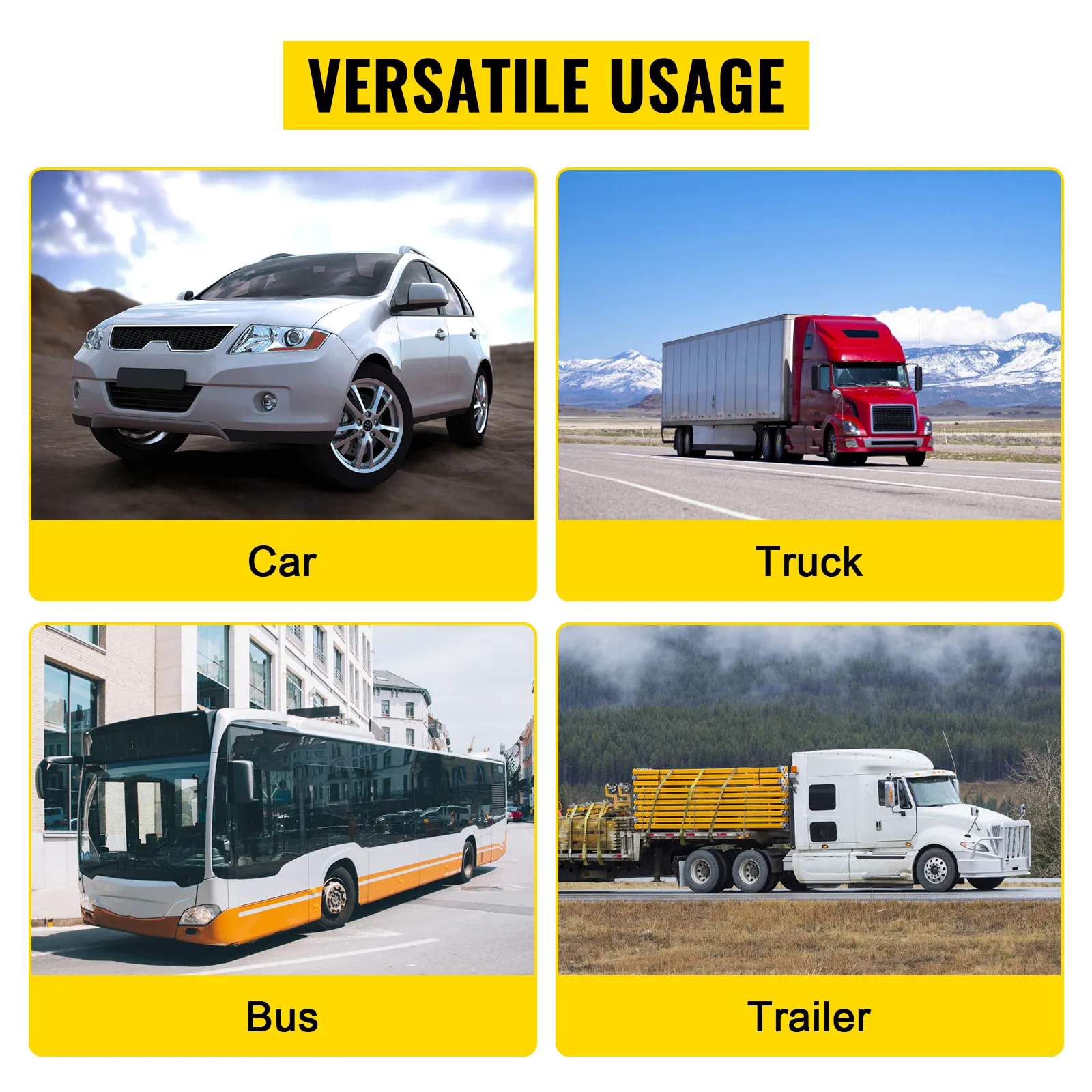 versatile usage for VEVOR tire mount demount tool: car, truck, bus, and trailer.