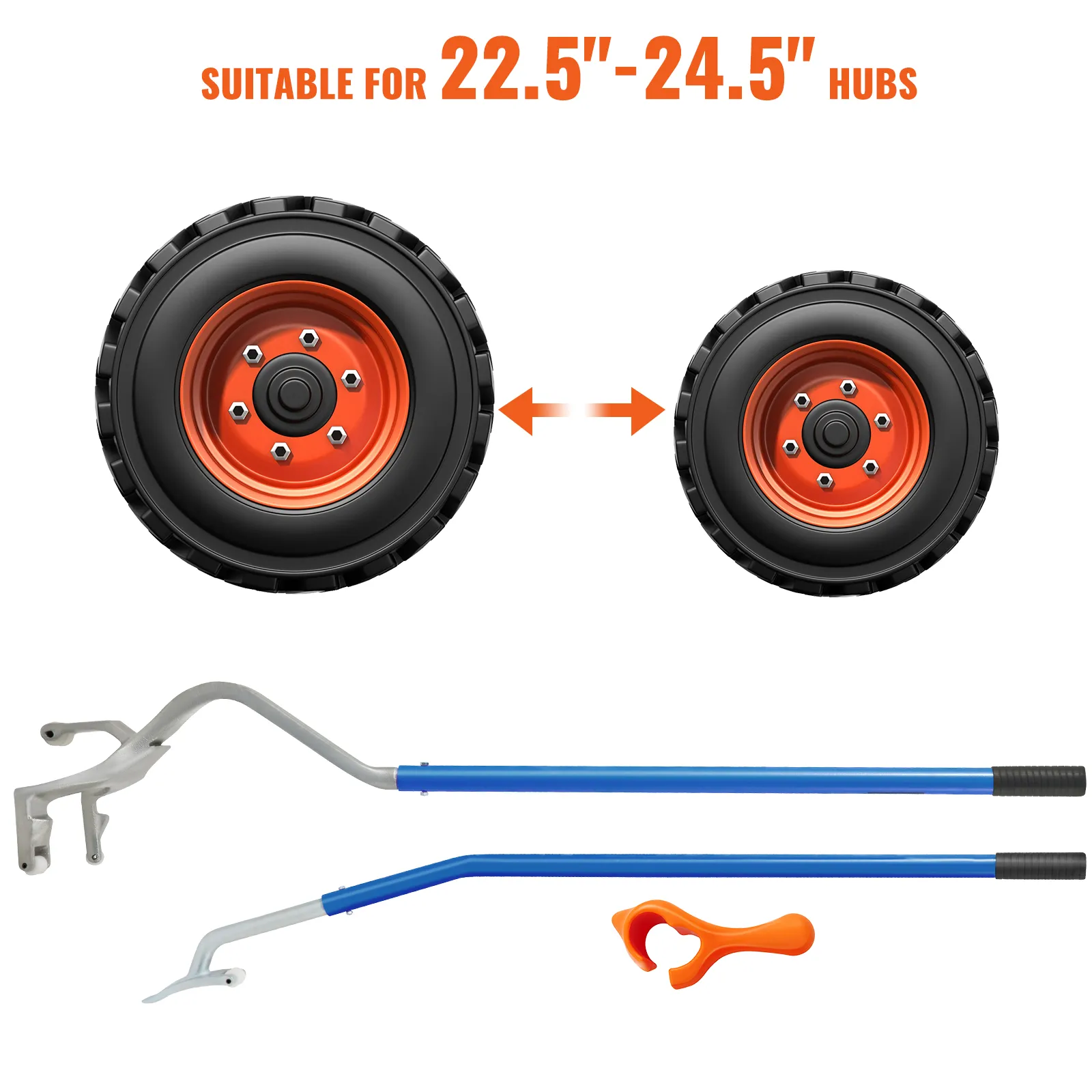 VEVOR tire mount demount tool for 22.5"-24.5" hubs, two wheels, and three tool pieces