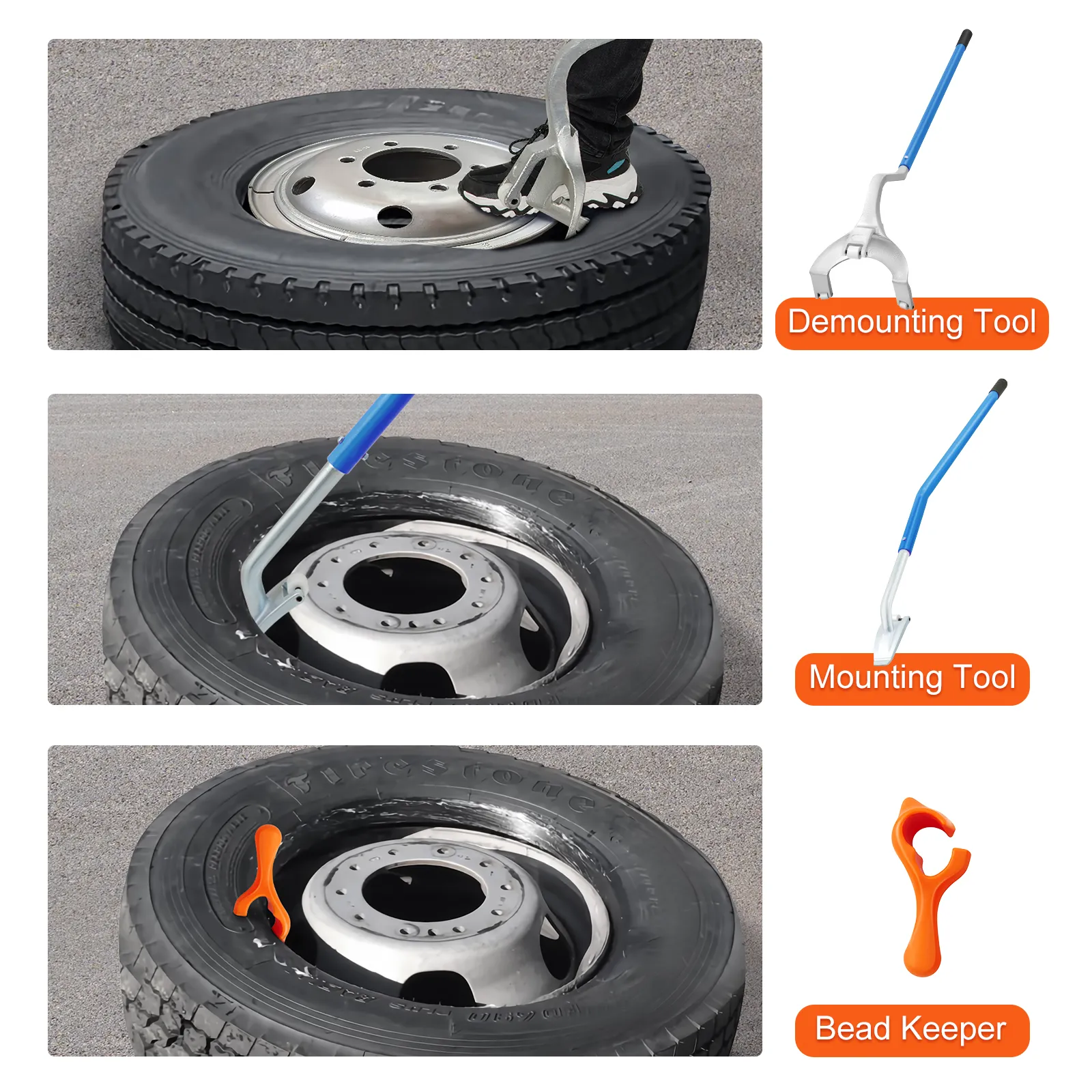 VEVOR tire mount demount tool set showing demounting, mounting, and bead keeper steps.